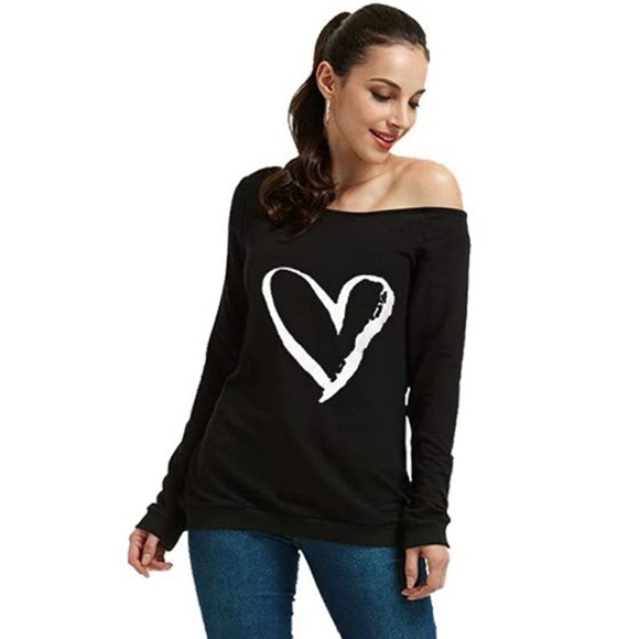 Woman’s Lightweigh Sweatershirt Heart Print Off The Shoulder Long Sleeve - Picture 2 of 4